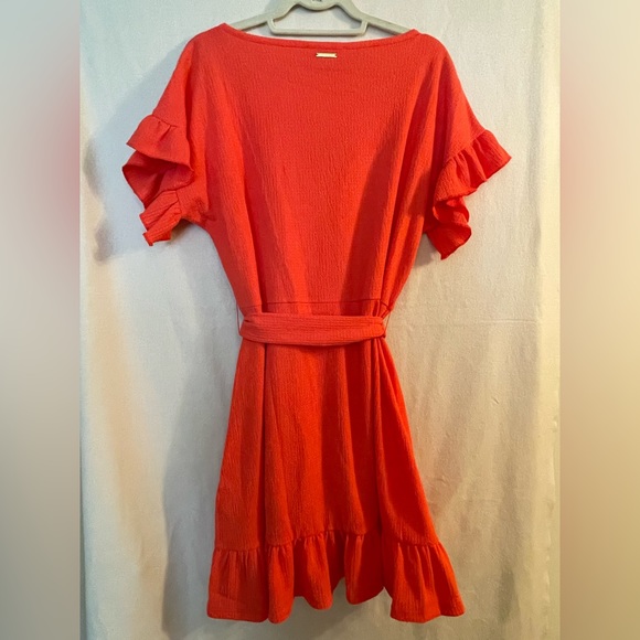 NWT MICHAEL KORS Sangria CRINKLE CREPE RUFFLE BELT FLUTTER SLEEVE DRESS Large - Picture 2 of 11